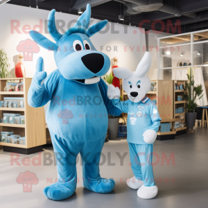 Sky Blue Moose mascot costume character dressed with a Playsuit and Watches