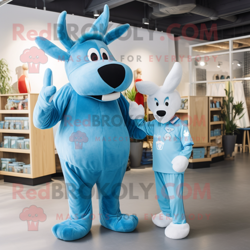 Sky Blue Moose mascot costume character dressed with a Playsuit and Watches Sky Blue Moose mascot costume character dressed with a Playsuit and Watches