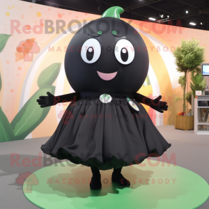 Black Melon mascot costume character dressed with a Circle Skirt and Suspenders