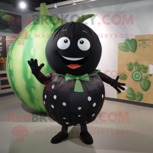 Black Melon mascot costume character dressed with a Circle Skirt and Suspenders