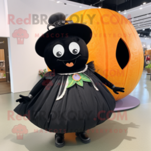 Black Melon mascot costume character dressed with a Circle Skirt and Suspenders