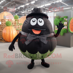 Black Melon mascot costume character dressed with a Circle Skirt and Suspenders