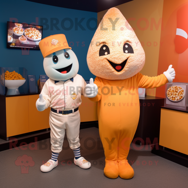 Peach Pop Corn mascot costume character dressed with a Baseball Tee and Smartwatches Peach Pop Corn mascot costume character dressed with a Baseball Tee and Smartwatches