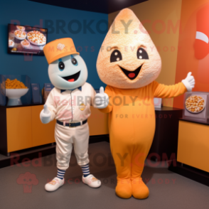 Peach Pop Corn mascot costume character dressed with a Baseball Tee and Smartwatches