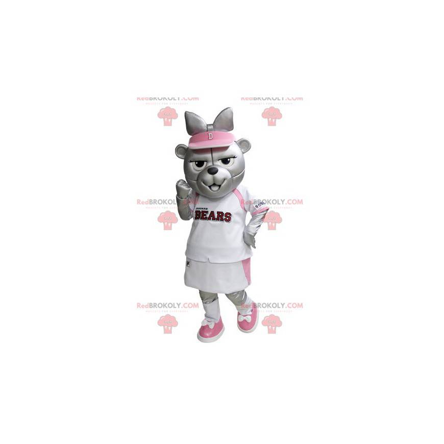 Gray bear mascot in pink and white tennis outfit - Gray bear mascot in pink and white tennis outfit -