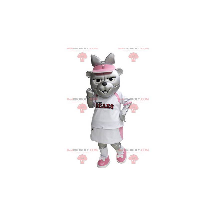 Grijze beer mascotte in roze en witte tennisoutfit -