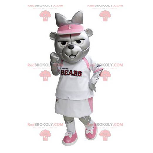 Mascote urso cinza com roupa de tênis rosa e branco -