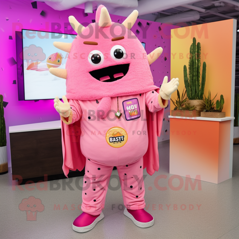 Pink Nachos mascot costume character dressed with a Romper and Lapel pins Pink Nachos mascot costume character dressed with a Romper and Lapel pins