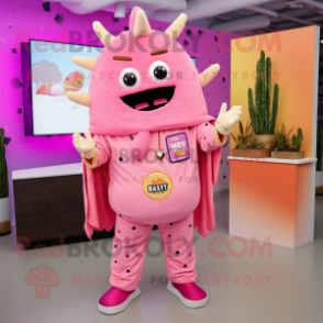 Pink Nachos mascot costume character dressed with a Romper and Lapel pins