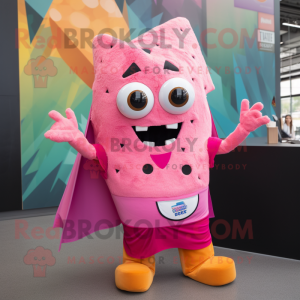 Pink Nachos mascot costume character dressed with a Romper and Lapel pins
