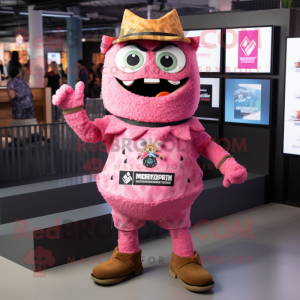 Pink Nachos mascot costume character dressed with a Romper and Lapel pins