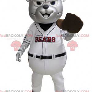 Gray bear mascot in blue and white baseball outfit -
