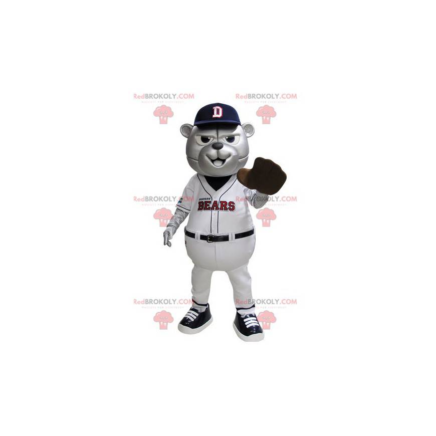 Gray bear mascot in blue and white baseball outfit -