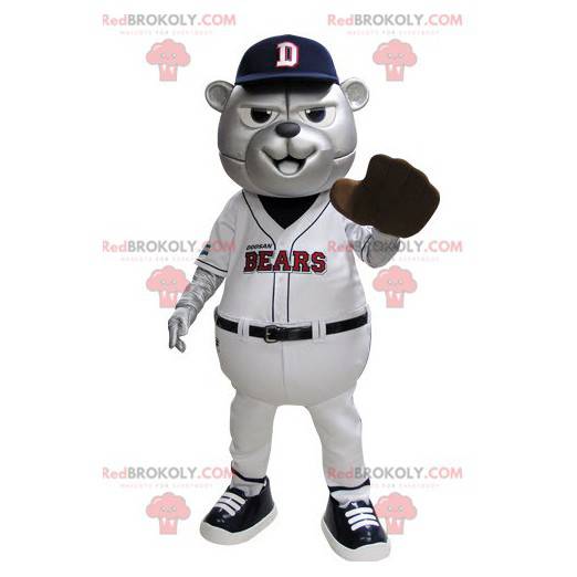 Mascote urso cinza em roupa de beisebol azul e branco -