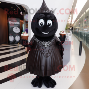 Black Chocolates mascot costume character dressed with a Evening Gown and Brooches
