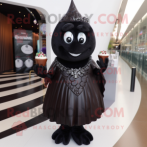 Black Chocolates mascot costume character dressed with a Evening Gown and Brooches