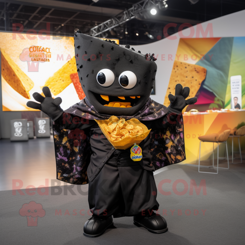 Black Nachos mascot costume character dressed with a Suit Jacket and Scarves Black Nachos mascot costume character dressed with a Suit Jacket and Scarves