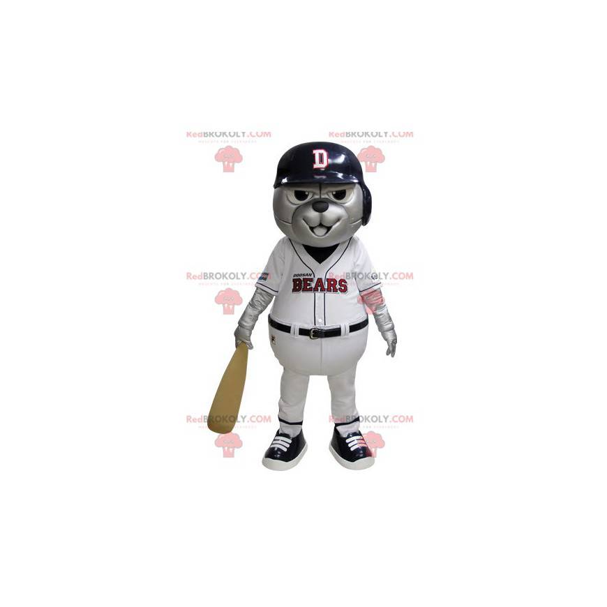 Gray bear mascot in blue and white baseball outfit -