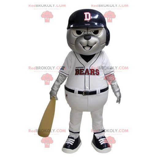 Gray bear mascot in blue and white baseball outfit -