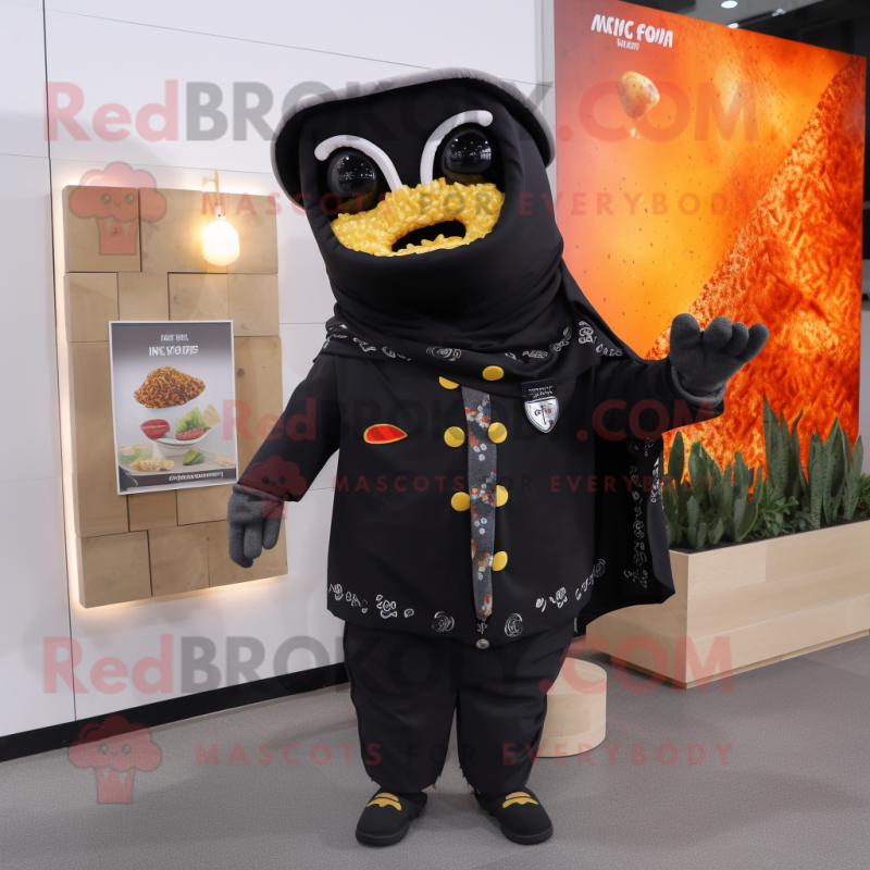 Black Nachos mascot costume character dressed with a Suit Jacket and Scarves Black Nachos mascot costume character dressed with a Suit Jacket and Scarves