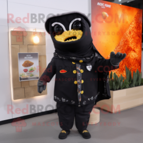 Black Nachos mascot costume character dressed with a Suit Jacket and Scarves