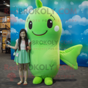 Lime Green Narwhal mascot costume character dressed with a Empire Waist Dress and Backpacks