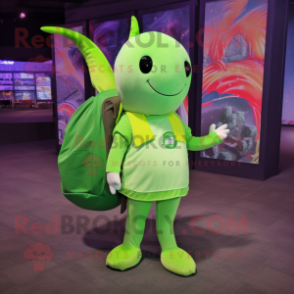 Lime Green Narwhal mascot costume character dressed with a Empire Waist Dress and Backpacks