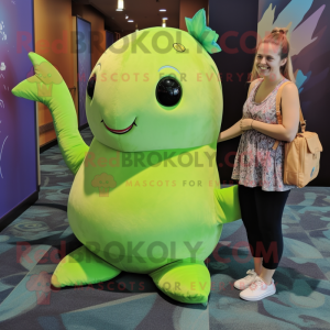 Lime Green Narwhal mascot costume character dressed with a Empire Waist Dress and Backpacks