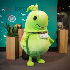 Lime Green Narwhal mascot costume character dressed with a Empire Waist Dress and Backpacks