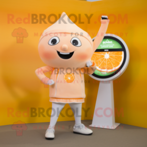 Beige Grapefruit mascot costume character dressed with a Yoga Pants and Digital watches