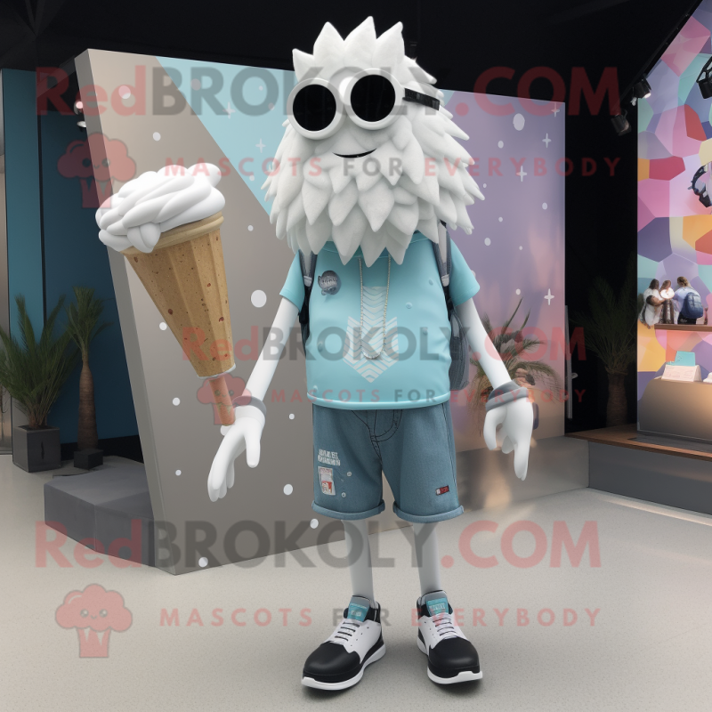 Silver Ice Cream Cone mascot costume character dressed with a Board Shorts and Hair clips