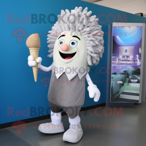 Silver Ice Cream Cone mascot costume character dressed with a Board Shorts and Hair clips