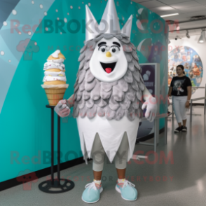 Silver Ice Cream Cone mascot costume character dressed with a Board Shorts and Hair clips