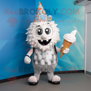 Silver Ice Cream Cone mascot costume character dressed with a Board Shorts and Hair clips