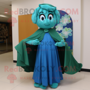 Turquoise Bunch Of Shamrocks mascot costume character dressed with a Evening Gown and Shawls