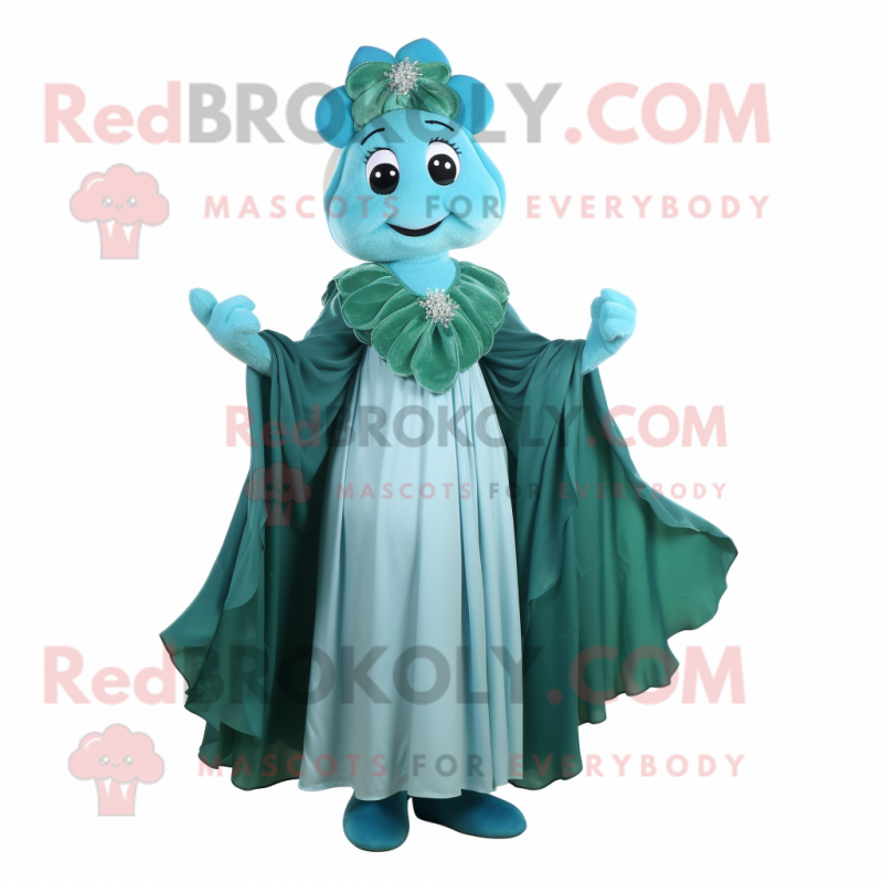 Turquoise Bunch Of Shamrocks mascot costume character dressed with a Evening Gown and Shawls Turquoise Bunch Of Shamrocks mascot costume character dressed with a Evening Gown and Shawls