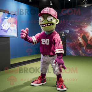 Magenta Zombie mascot costume character dressed with a Baseball Tee and Smartwatches