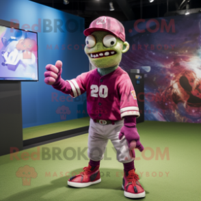 Magenta Zombie mascot costume character dressed with a Baseball Tee and Smartwatches