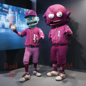 Magenta Zombie mascot costume character dressed with a Baseball Tee and Smartwatches