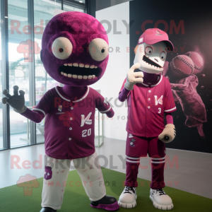 Magenta Zombie mascot costume character dressed with a Baseball Tee and Smartwatches