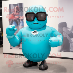 Turquoise Boxing Glove mascot costume character dressed with a Tank Top and Sunglasses