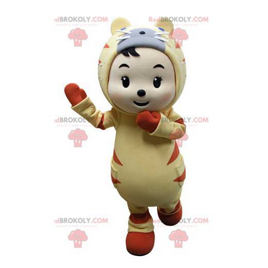 Kindermaskottchen als gelber und orange Tiger gekleidet -