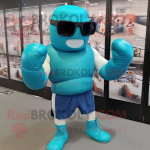 Turquoise Boxing Glove mascot costume character dressed with a Tank Top and Sunglasses