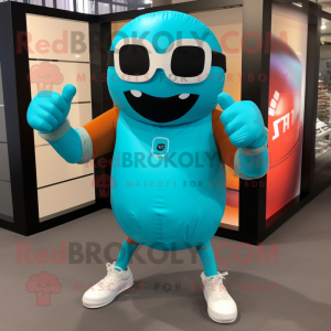 Turquoise Boxing Glove mascot costume character dressed with a Tank Top and Sunglasses