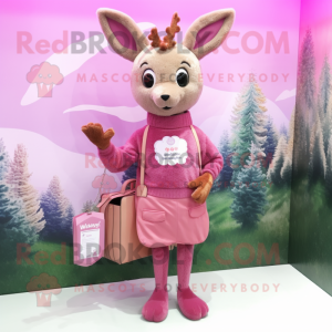 Pink Roe Deer mascot costume character dressed with a Cardigan and Clutch bags