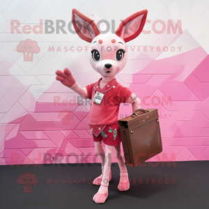 Pink Roe Deer mascot costume character dressed with a Cardigan and Clutch bags