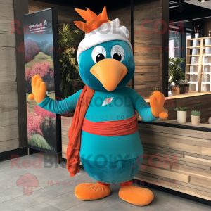 Teal Apricot mascot costume character dressed with a Cardigan and Headbands