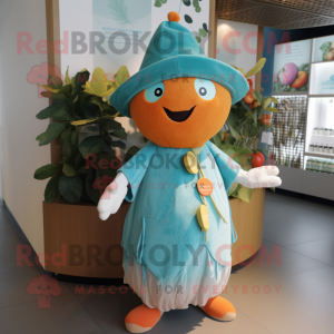 Teal Apricot mascot costume character dressed with a Cardigan and Headbands