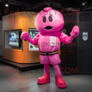 Pink Boxing Glove mascot costume character dressed with a Cargo Shorts and Necklaces