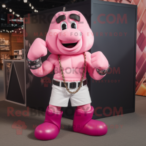 Pink Boxing Glove mascot costume character dressed with a Cargo Shorts and Necklaces